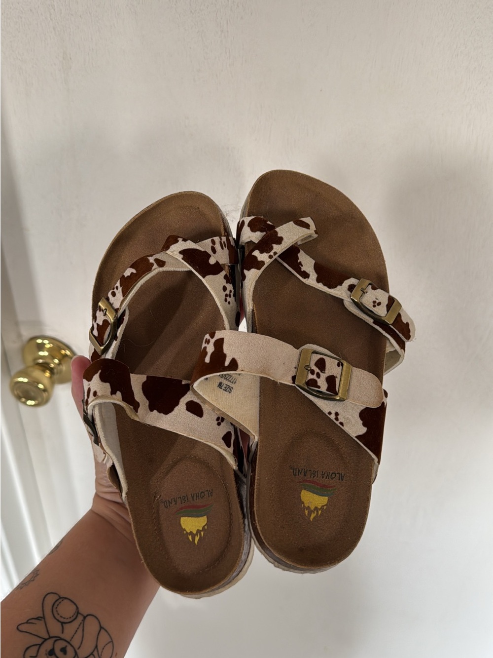 Brown and Cream Cowprint Sandals